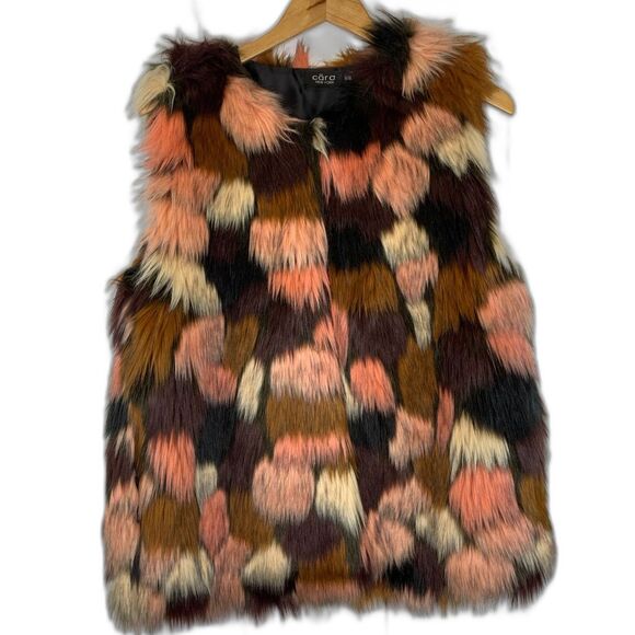 Cara Faux Fur Vest Large Multicolor Patchwork Y2K Mob Wife Maximalist Statement - Picture 1 of 11